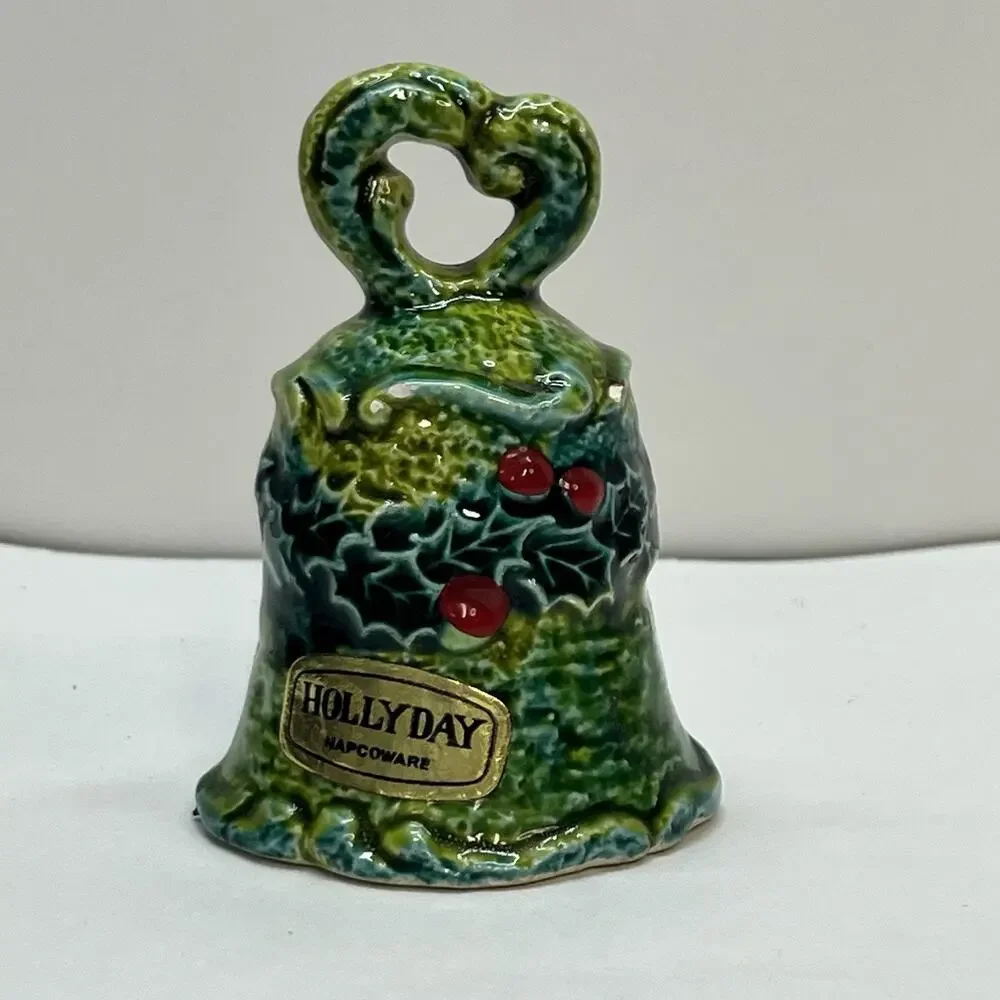 napcoware holly day ceramic green glaze bell vintage christmas 70s‎